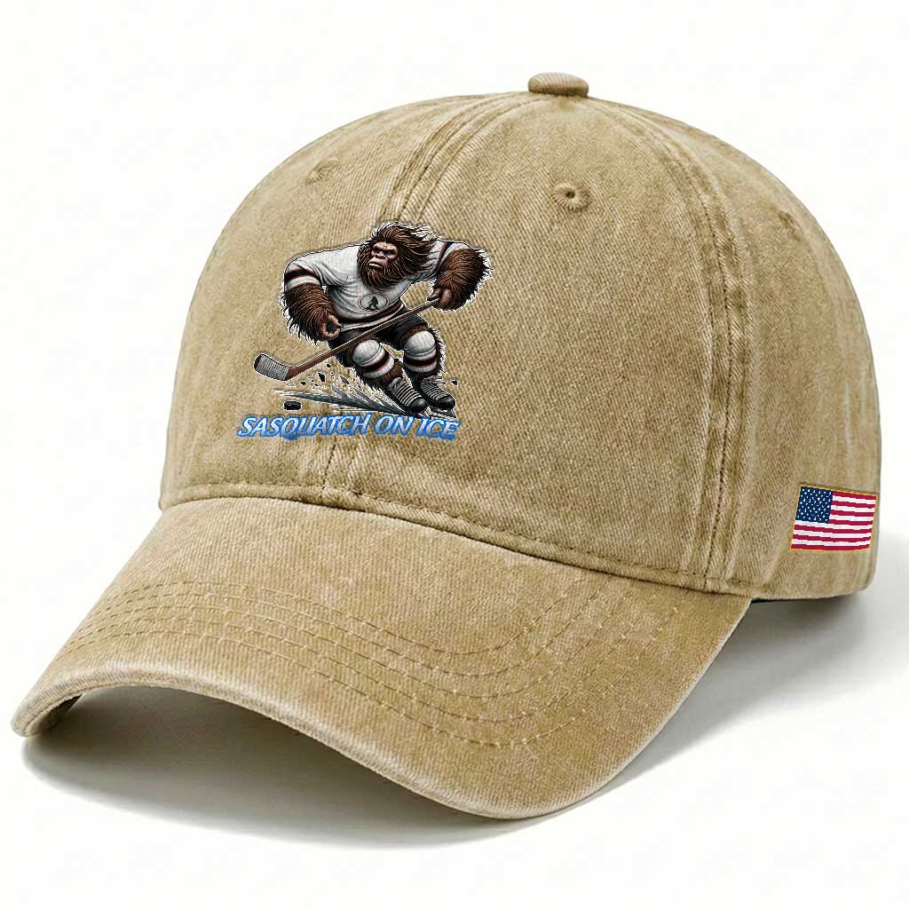 Sasquatch On Ice Washed Cotton Baseball Cap Funny Bigfoot Hockey Player Gift TS12 Print Your Wear