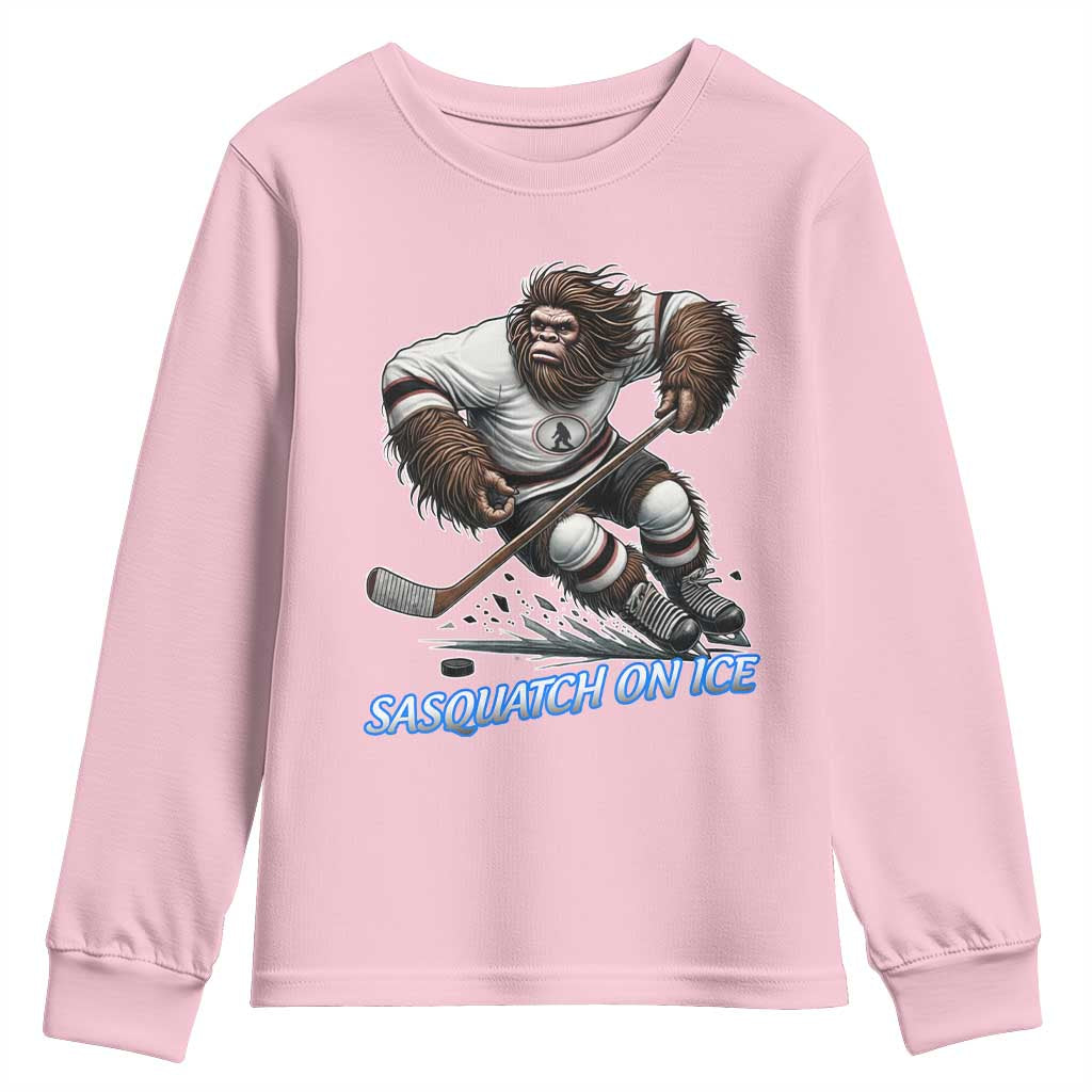 Sasquatch On Ice Youth Sweatshirt Funny Bigfoot Hockey Player Gift TS12 Light Pink Print Your Wear