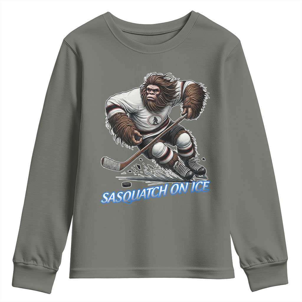 Sasquatch On Ice Youth Sweatshirt Funny Bigfoot Hockey Player Gift TS12 Military Green Print Your Wear