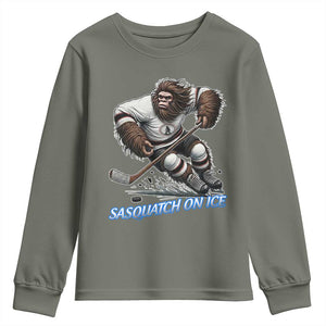 Sasquatch On Ice Youth Sweatshirt Funny Bigfoot Hockey Player Gift TS12 Military Green Print Your Wear