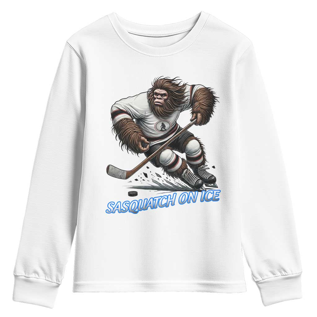 Sasquatch On Ice Youth Sweatshirt Funny Bigfoot Hockey Player Gift TS12 White Print Your Wear