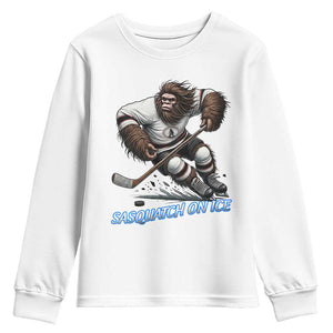 Sasquatch On Ice Youth Sweatshirt Funny Bigfoot Hockey Player Gift TS12 White Print Your Wear