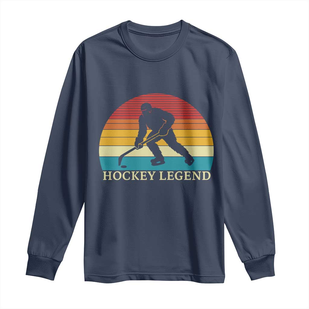 Bigfoot Hockey Legend Long Sleeve Shirt Retro Sasquatch Cryptid Player Gift TS12 Navy Print Your Wear