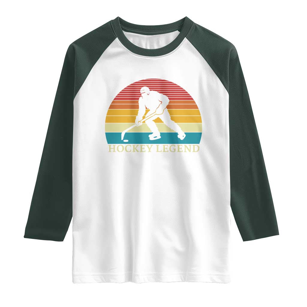 Bigfoot Hockey Legend Raglan Shirt Retro Sasquatch Cryptid Player Gift TS12 White Dark Forest Green Print Your Wear