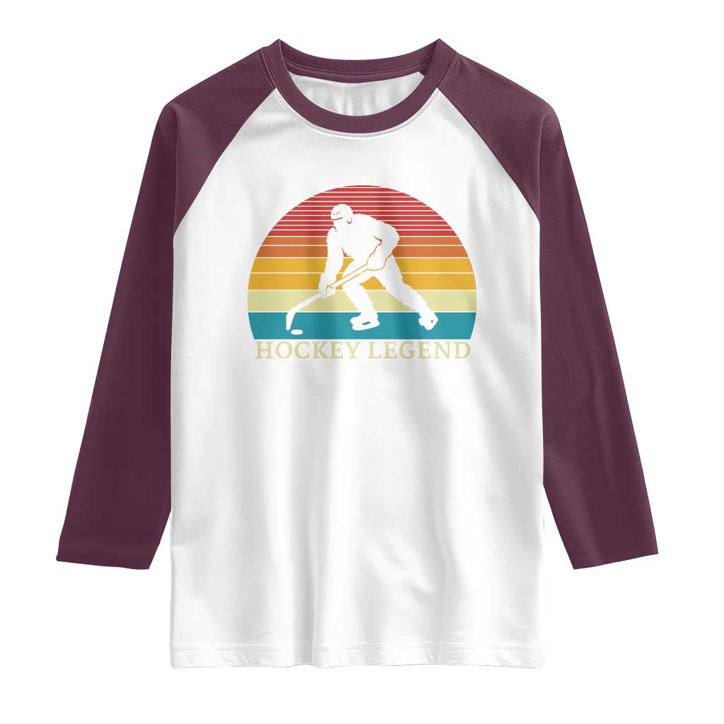 Bigfoot Hockey Legend Raglan Shirt Retro Sasquatch Cryptid Player Gift TS12 White Maroon Print Your Wear