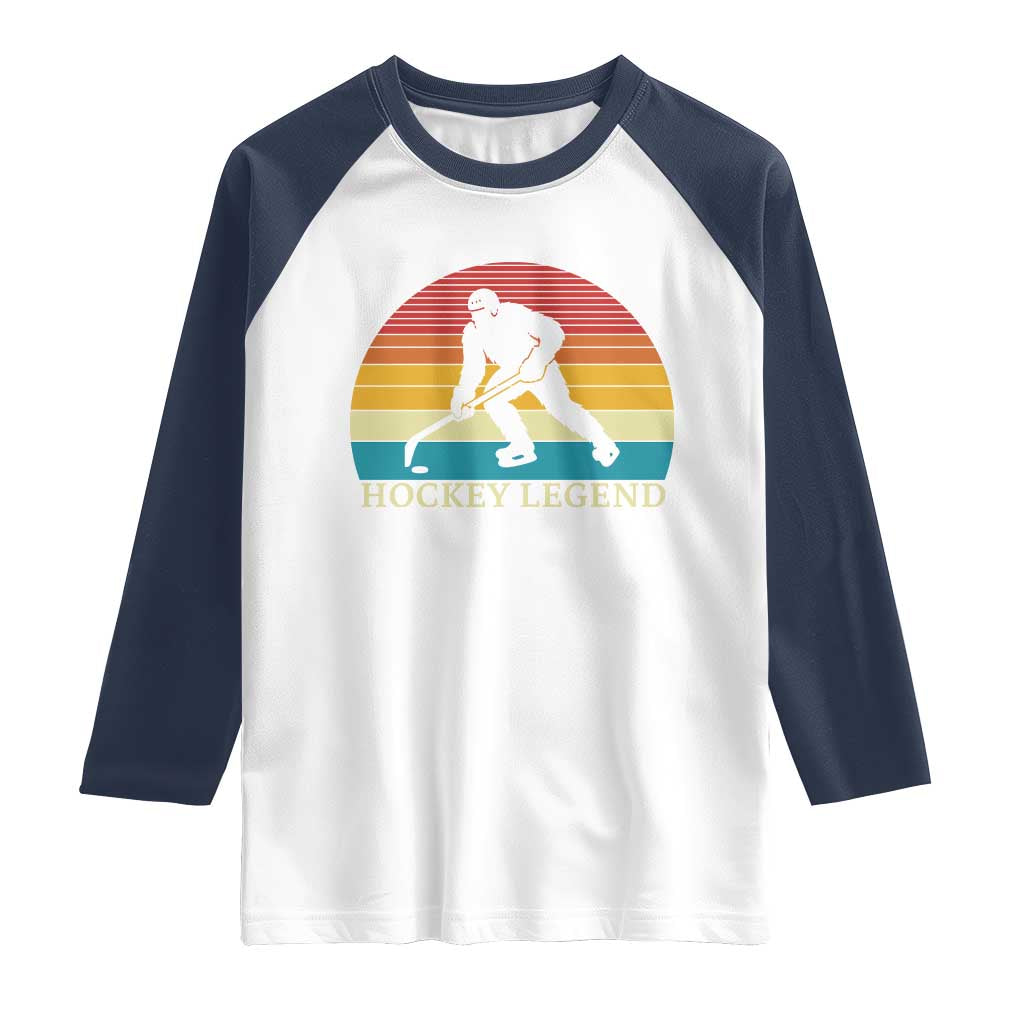 Bigfoot Hockey Legend Raglan Shirt Retro Sasquatch Cryptid Player Gift TS12 White Navy Print Your Wear