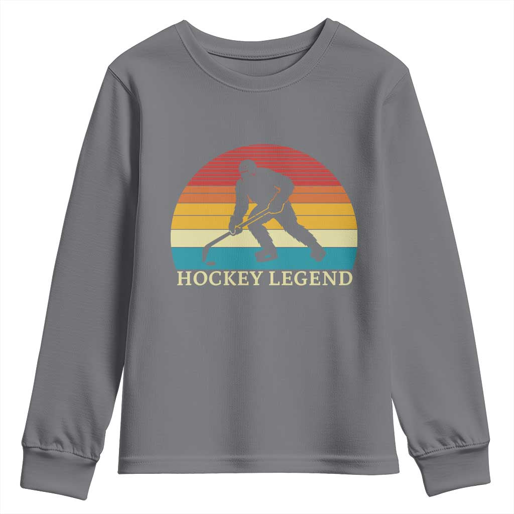 Bigfoot Hockey Legend Youth Sweatshirt Retro Sasquatch Cryptid Player Gift TS12 Charcoal Print Your Wear