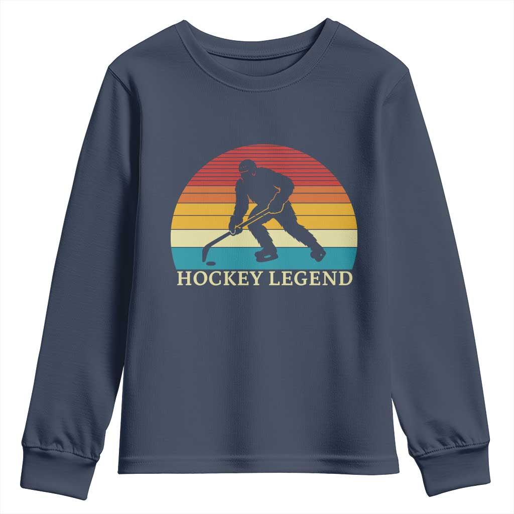 Bigfoot Hockey Legend Youth Sweatshirt Retro Sasquatch Cryptid Player Gift TS12 Navy Print Your Wear