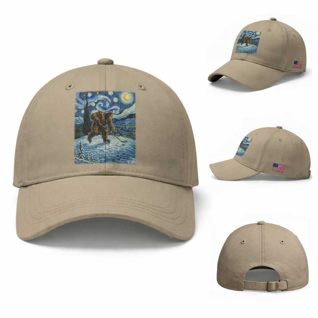 Cryptid Hockey Bigfoot Starry Night Inspired Funny Gift Baseball Cap TS12 Baseball Cap Universal Fit Khaki Print Your Wear