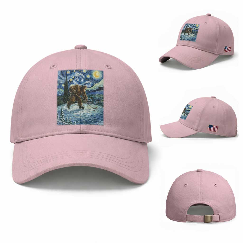 Cryptid Hockey Bigfoot Starry Night Inspired Funny Gift Baseball Cap TS12 Baseball Cap Universal Fit Light Pink Print Your Wear