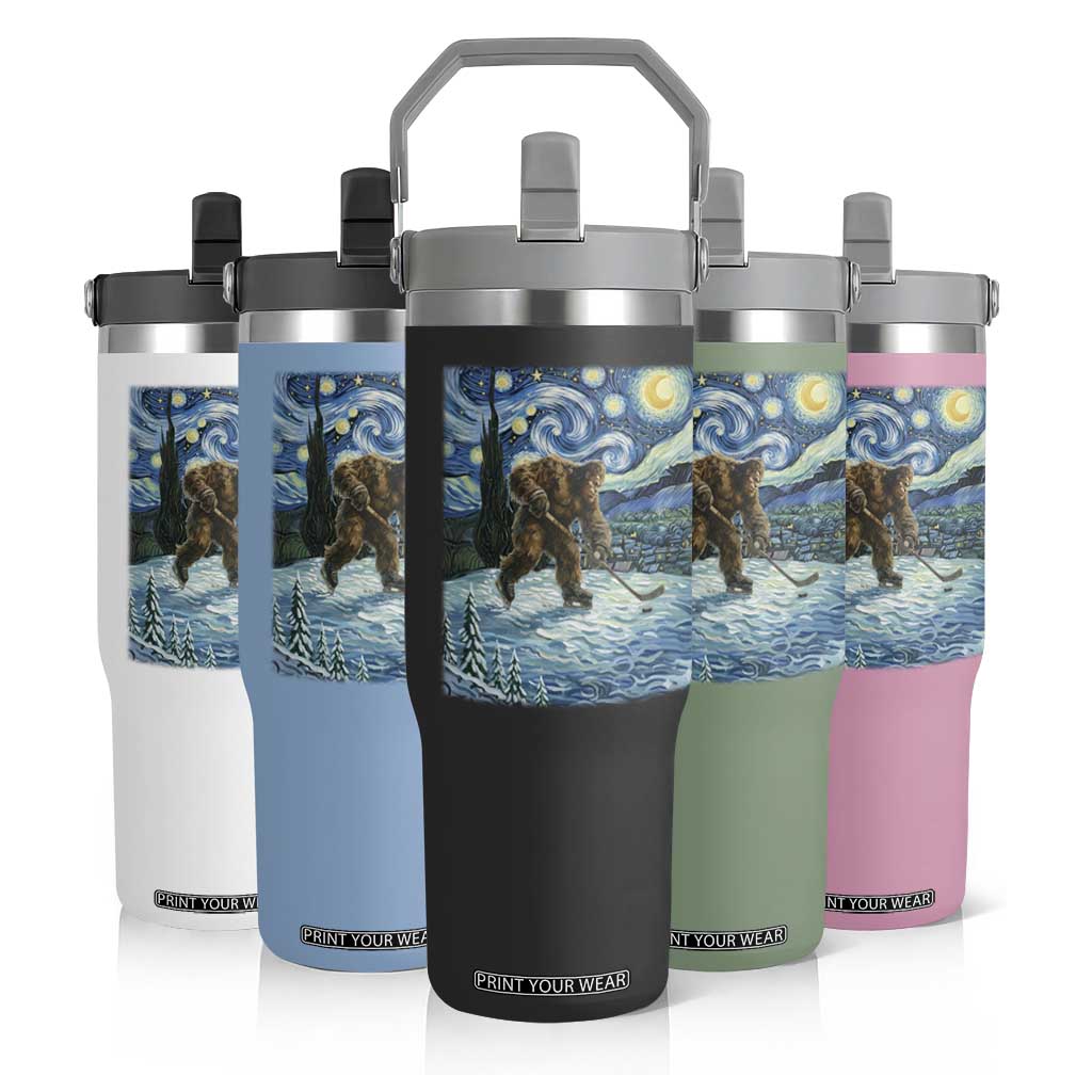 Cryptid Hockey Bigfoot Starry Night Inspired Funny Gift Flip Straw Tumbler TS12 Print Your Wear
