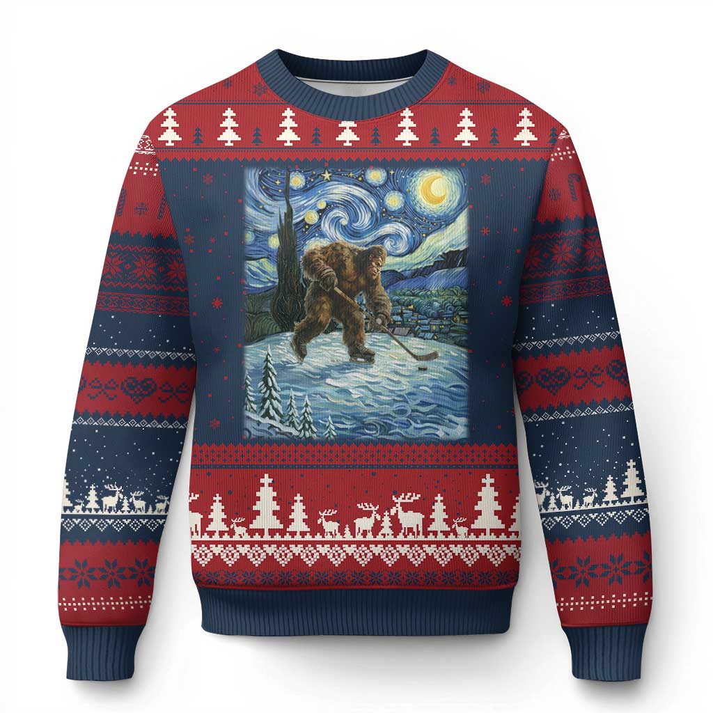 Cryptid Hockey Bigfoot Starry Night Inspired Funny Gift Ugly Christmas Sweater TS12 Navy Red Print Your Wear