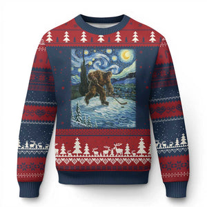 Cryptid Hockey Bigfoot Starry Night Inspired Funny Gift Ugly Christmas Sweater TS12 Navy Red Print Your Wear