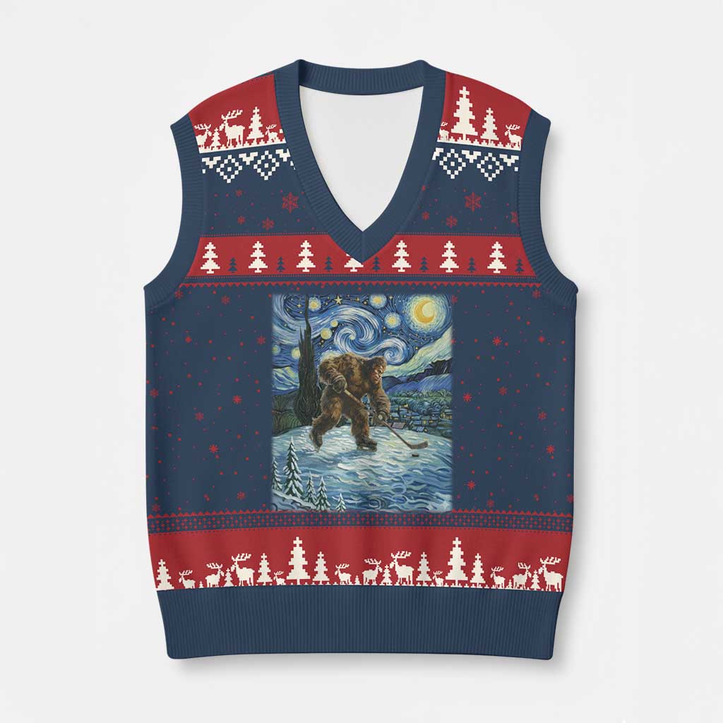 Cryptid Hockey Bigfoot Starry Night Inspired Funny Gift V-Neck Knit Sweater Vest TS12 Navy Red Print Your Wear