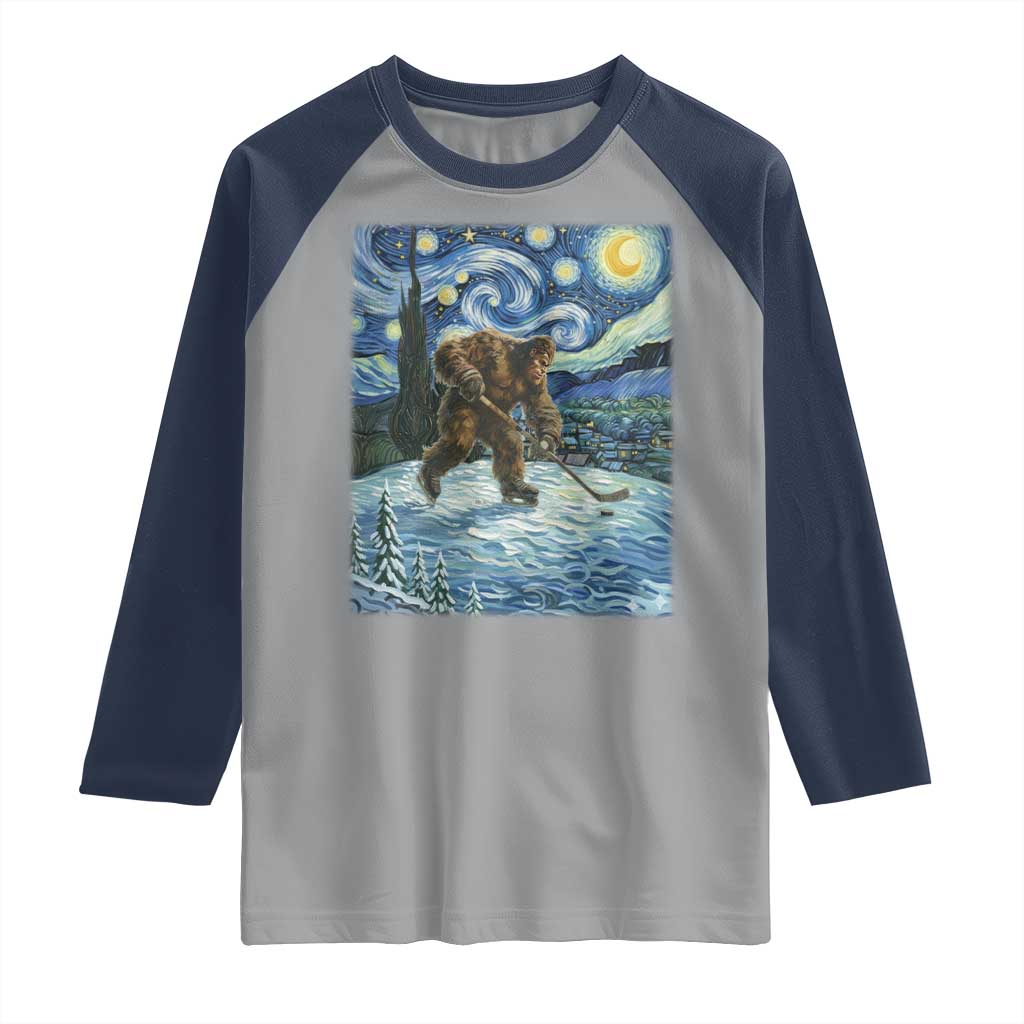 Cryptid Hockey Bigfoot Starry Night Inspired Funny Gift Raglan Shirt TS12 Sport Gray Navy Print Your Wear