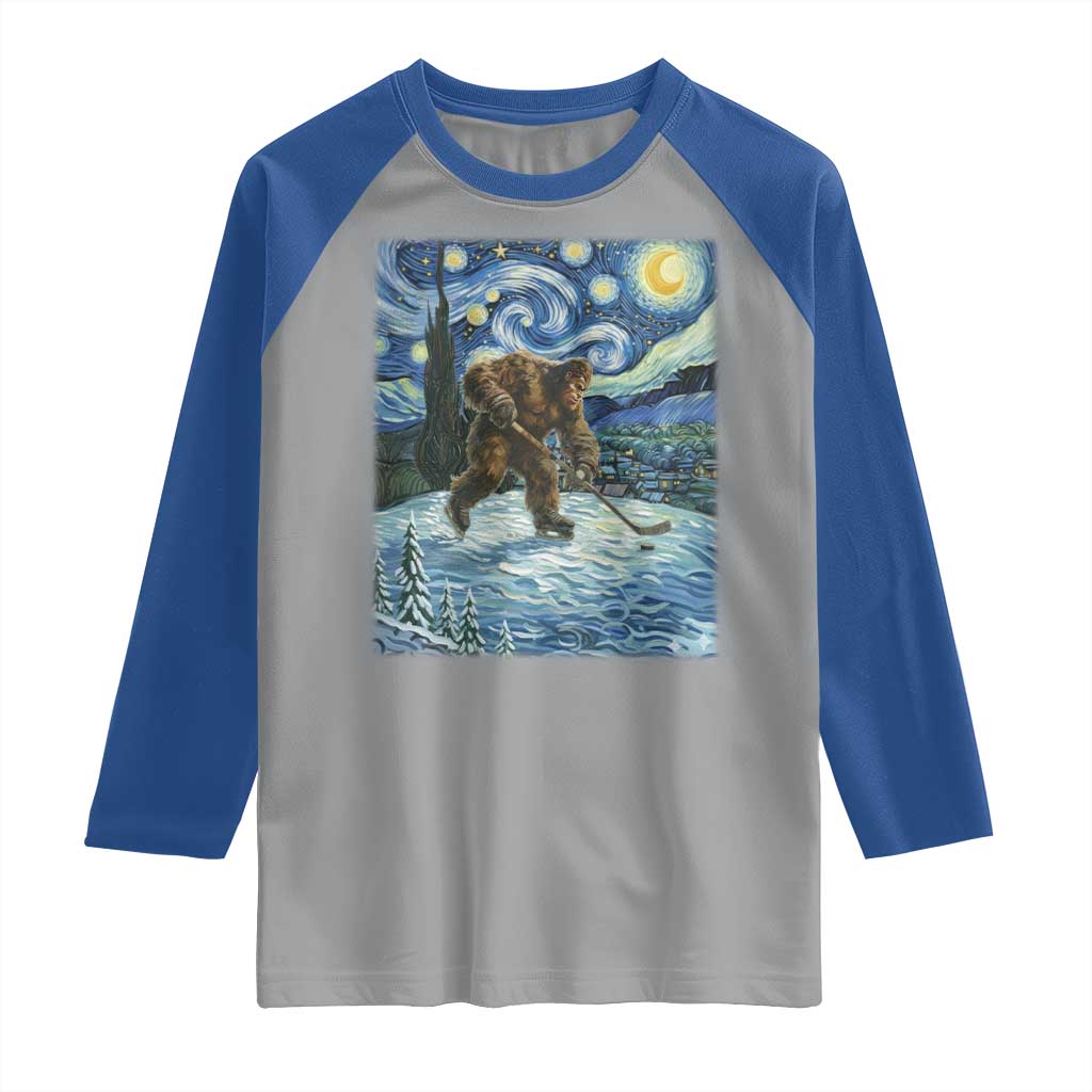 Cryptid Hockey Bigfoot Starry Night Inspired Funny Gift Raglan Shirt TS12 Sport Gray Royal Print Your Wear
