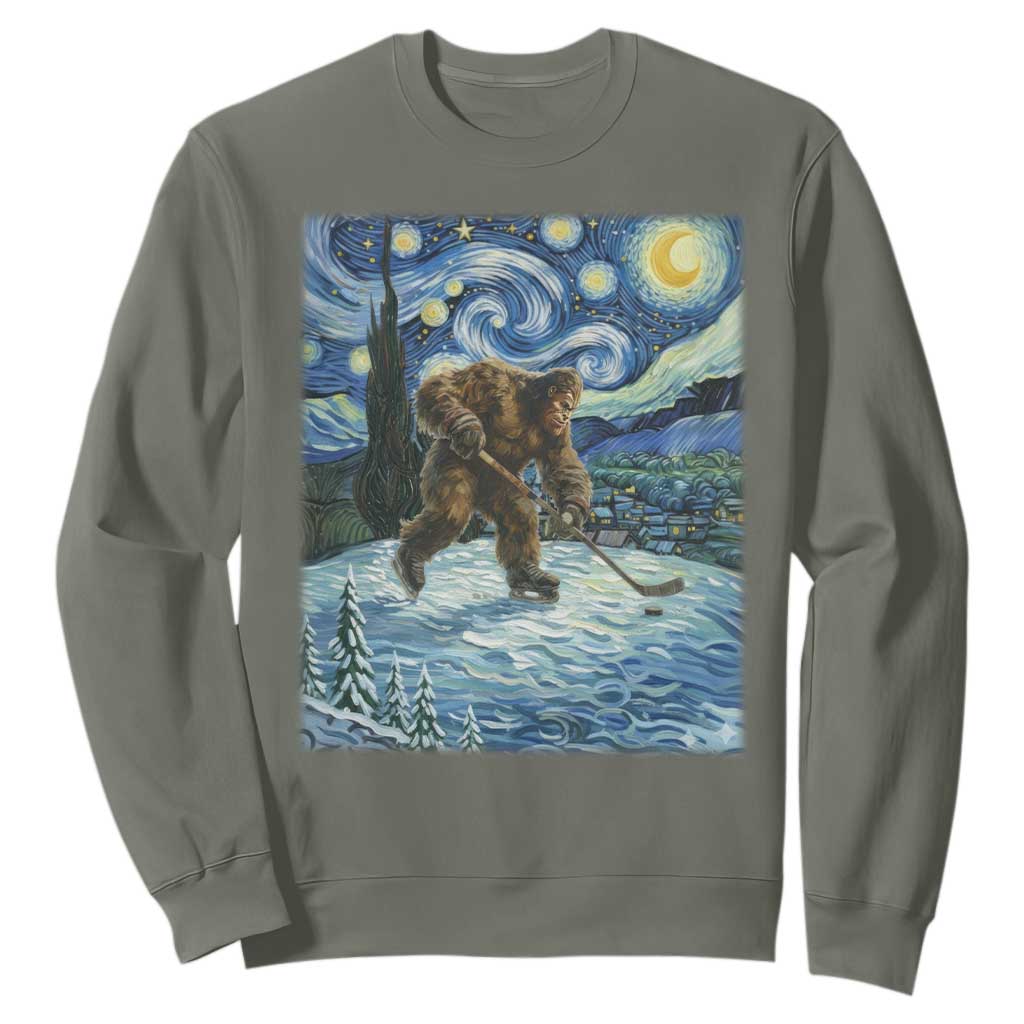 Cryptid Hockey Bigfoot Starry Night Inspired Funny Gift Sweatshirt TS12 Military Green Print Your Wear