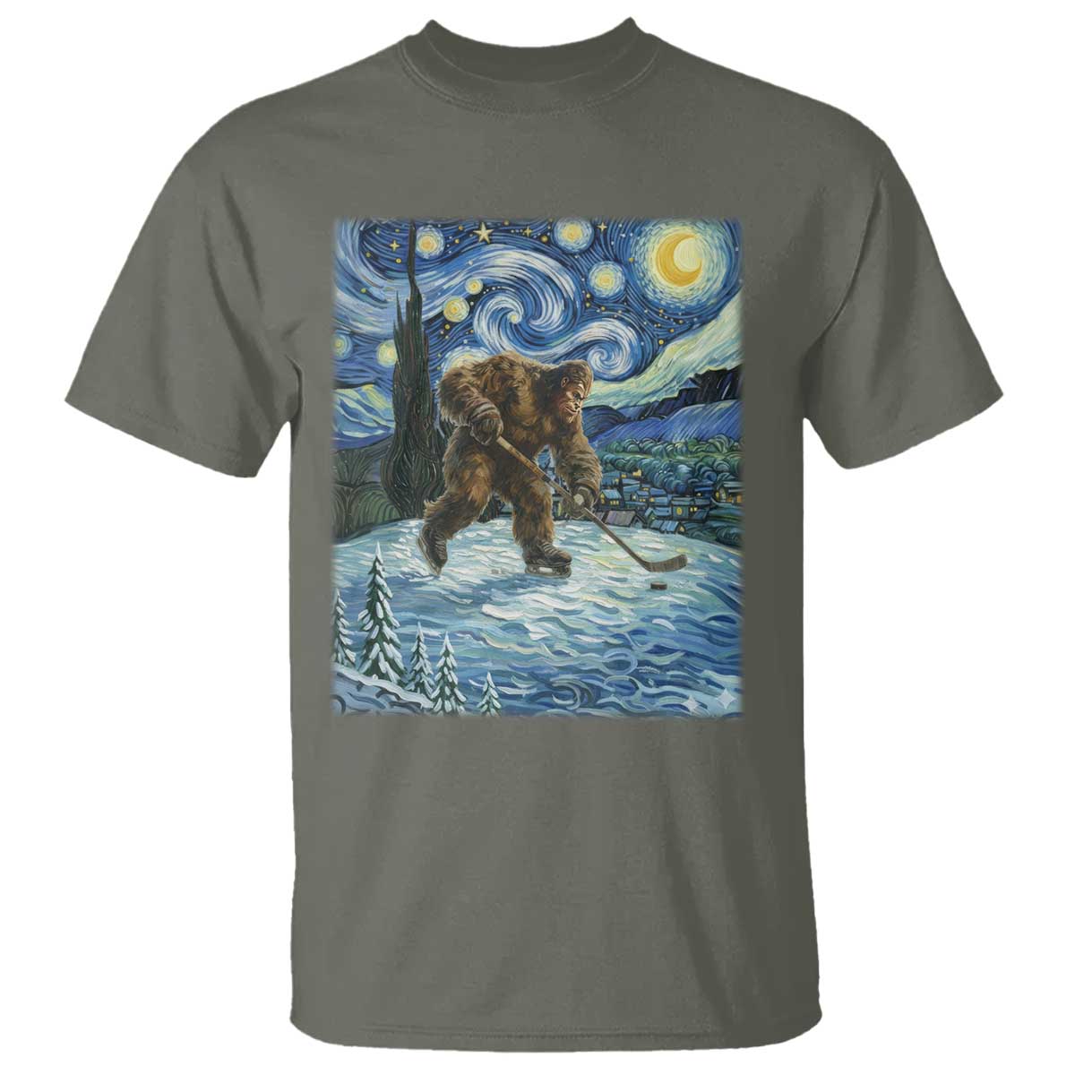 Cryptid Hockey Bigfoot Starry Night Inspired Funny Gift T Shirt TS12 Military Green Print Your Wear