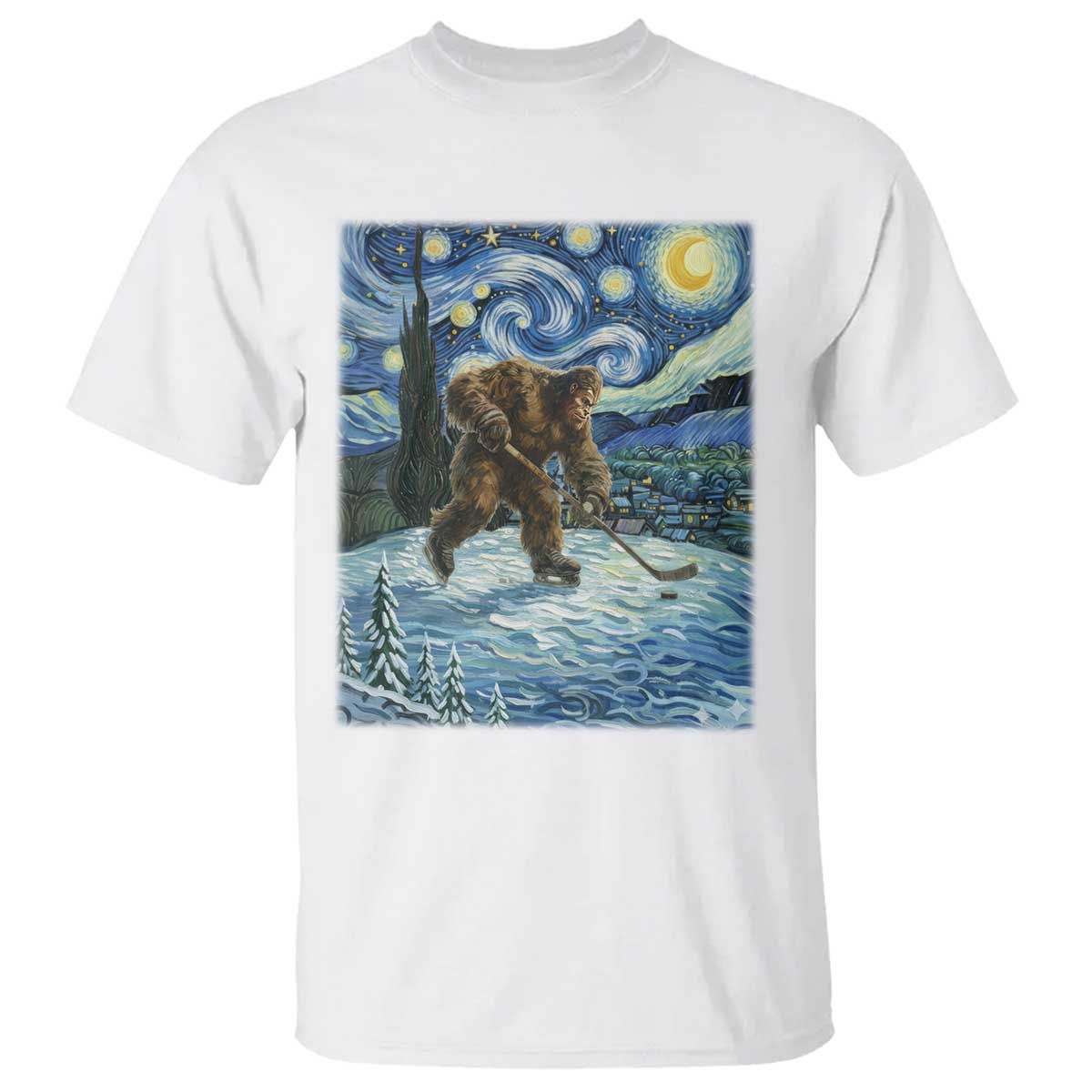 Cryptid Hockey Bigfoot Starry Night Inspired Funny Gift T Shirt TS12 White Print Your Wear