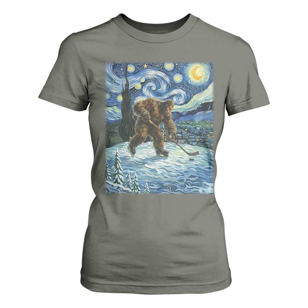Cryptid Hockey Bigfoot Starry Night Inspired Funny Gift T Shirt For Women TS12 Military Green Print Your Wear