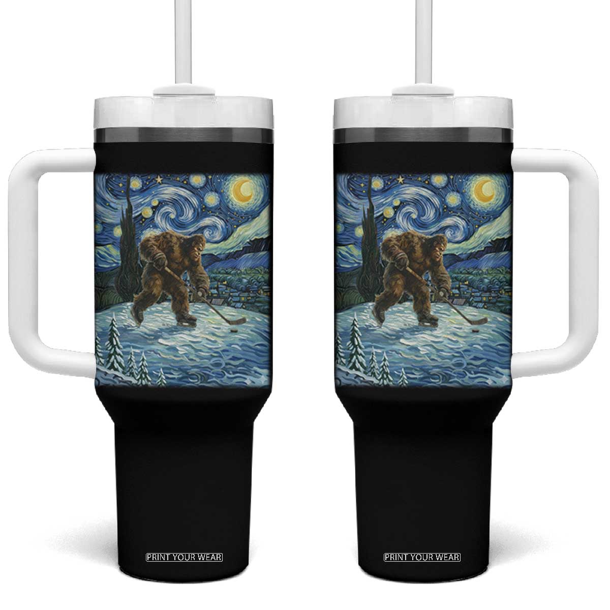 Cryptid Hockey Bigfoot Starry Night Inspired Funny Gift Tumbler With Handle TS12 One Size: 40 oz Black Print Your Wear