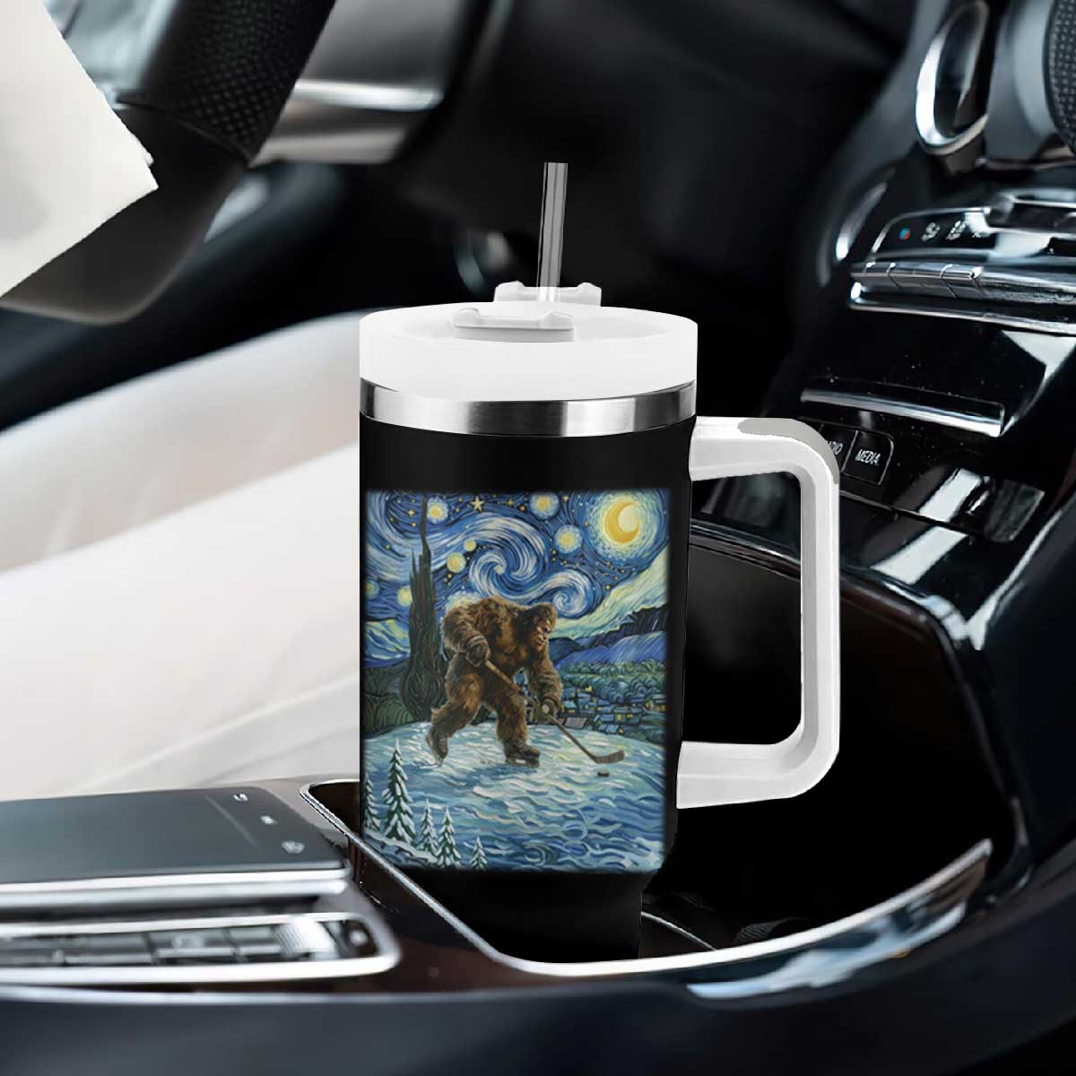 Cryptid Hockey Bigfoot Starry Night Inspired Funny Gift Tumbler With Handle TS12 Print Your Wear