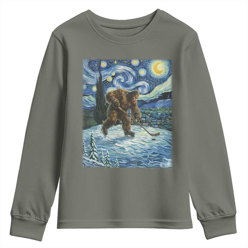 Cryptid Hockey Bigfoot Starry Night Inspired Funny Gift Youth Sweatshirt TS12 Military Green Print Your Wear