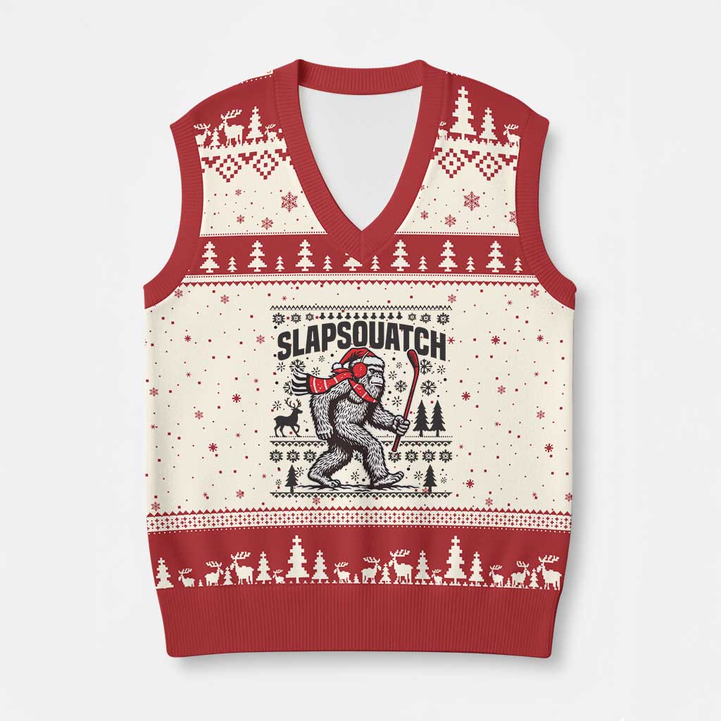 Slapsquatch Hockey Player V-Neck Knit Sweater Vest Funny Bigfoot Ugly Xmas Gift TS12 Beige Red Print Your Wear