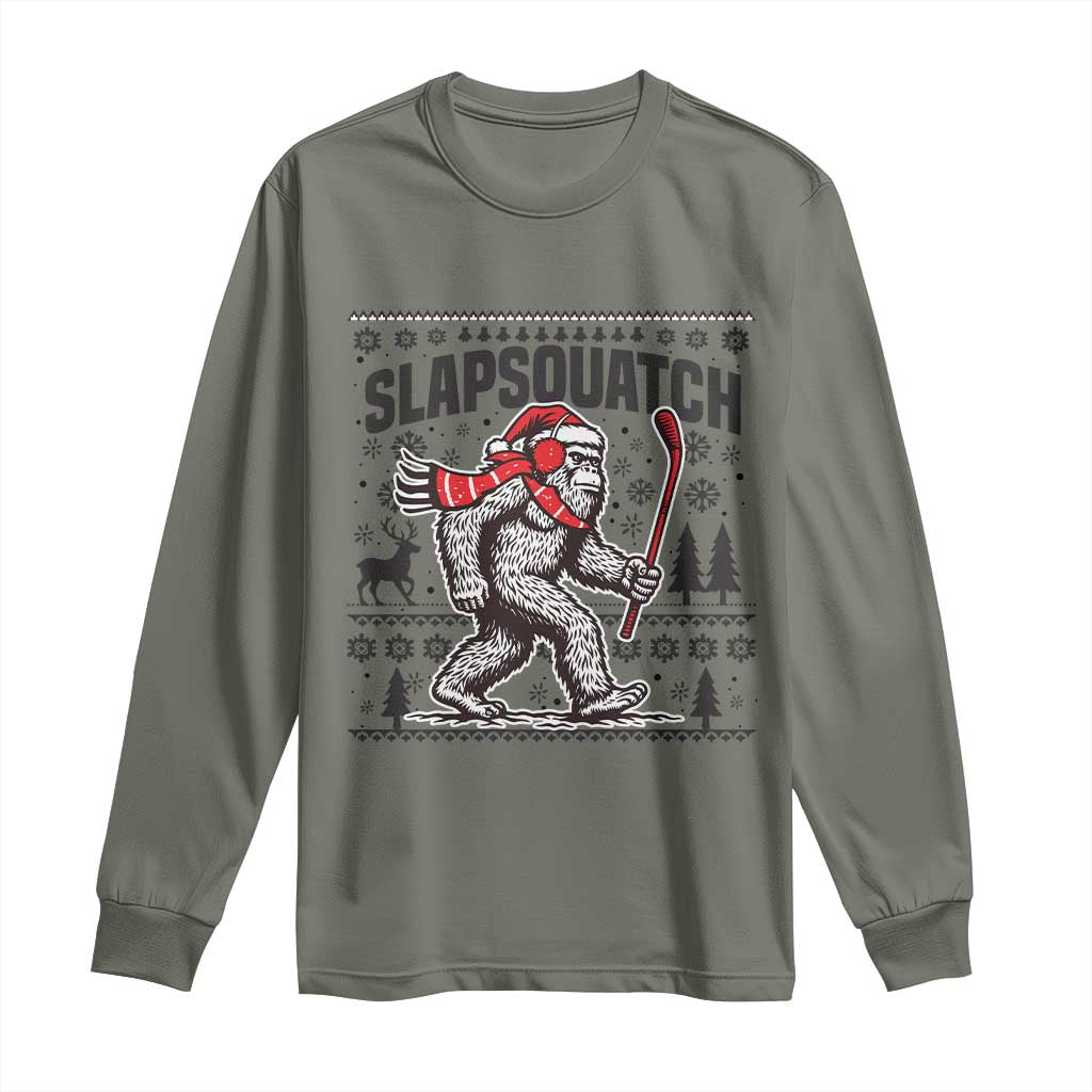 Slapsquatch Hockey Player Long Sleeve Shirt Funny Bigfoot Ugly Christmas Gift TS12 Military Green Print Your Wear