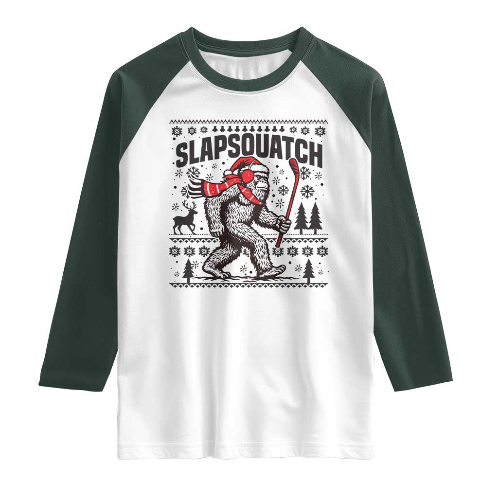 Slapsquatch Hockey Player Raglan Shirt Funny Bigfoot Ugly Christmas Gift TS12 White Dark Forest Green Print Your Wear