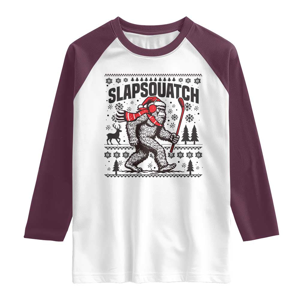 Slapsquatch Hockey Player Raglan Shirt Funny Bigfoot Ugly Christmas Gift TS12 White Maroon Print Your Wear
