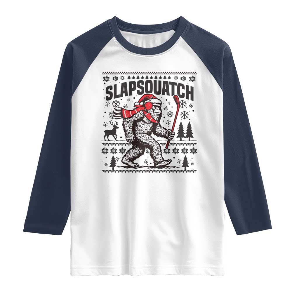 Slapsquatch Hockey Player Raglan Shirt Funny Bigfoot Ugly Christmas Gift TS12 White Navy Print Your Wear