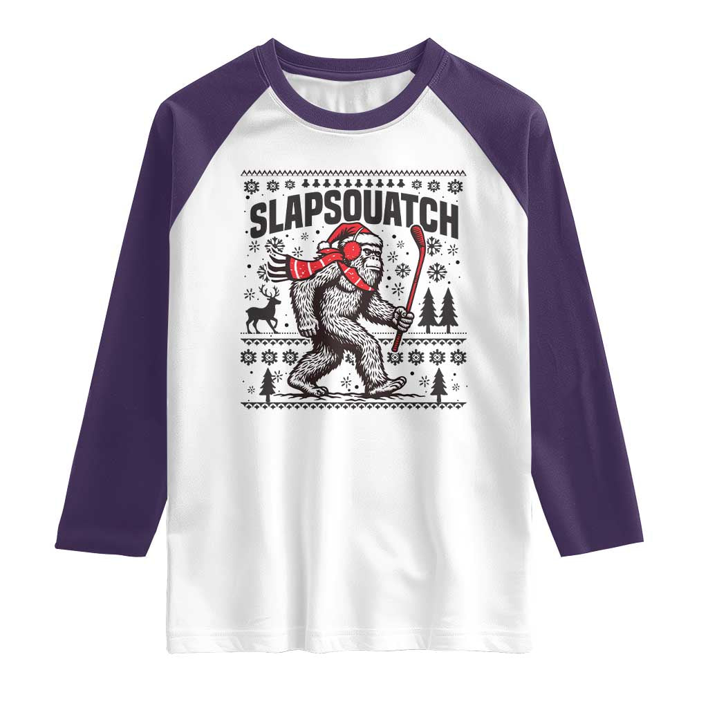 Slapsquatch Hockey Player Raglan Shirt Funny Bigfoot Ugly Christmas Gift TS12 White Purple Print Your Wear