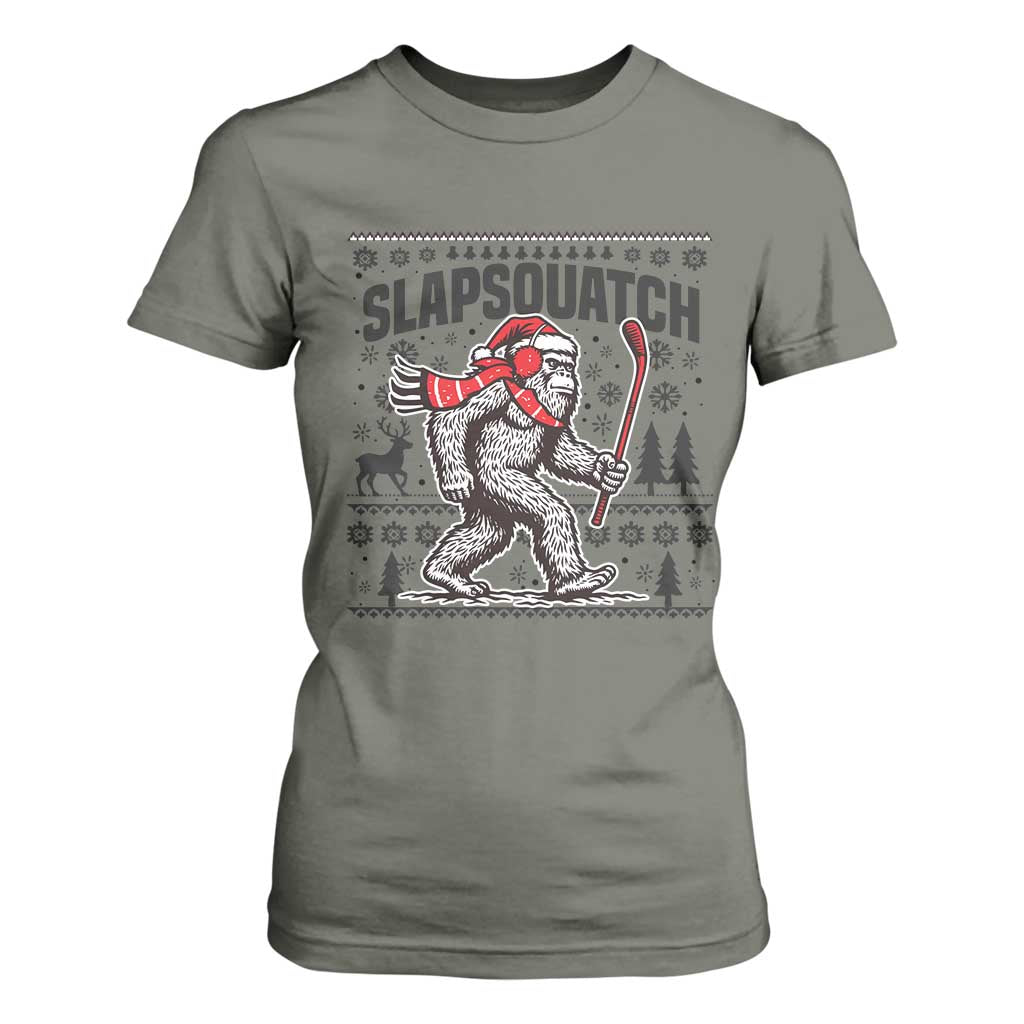 Slapsquatch Hockey Player T Shirt For Women Funny Bigfoot Ugly Christmas Gift TS12 Military Green Print Your Wear