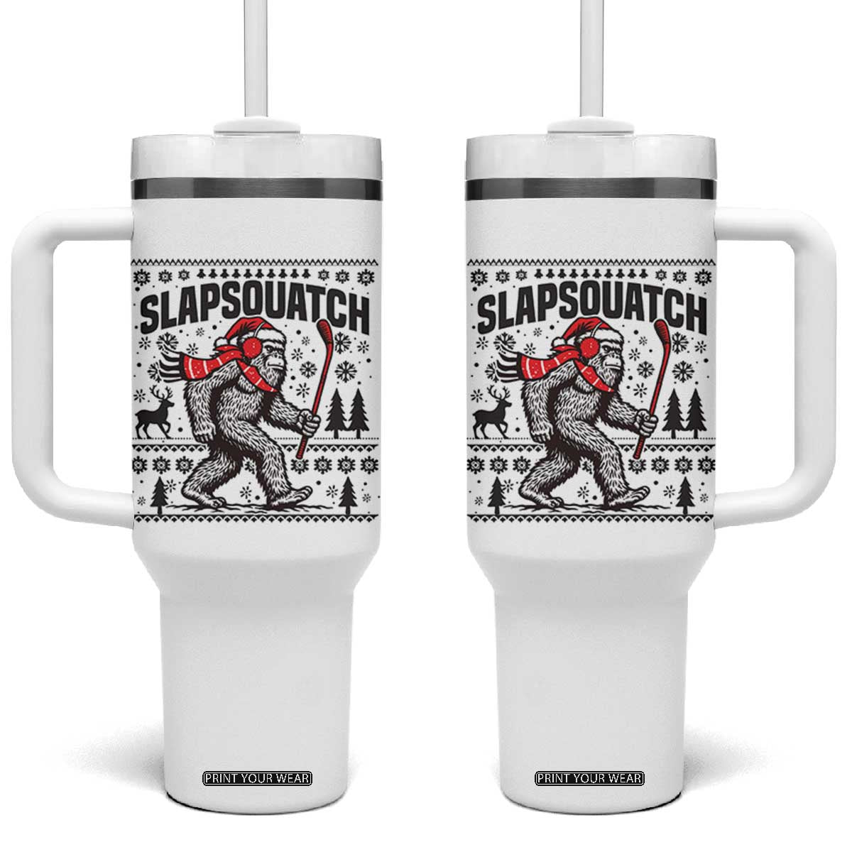 Slapsquatch Hockey Player Tumbler With Handle Funny Bigfoot Ugly Christmas Gift TS12 One Size: 40 oz White Print Your Wear