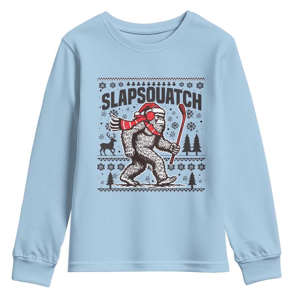 Slapsquatch Hockey Player Youth Sweatshirt Funny Bigfoot Ugly Christmas Gift TS12 Light Blue Print Your Wear