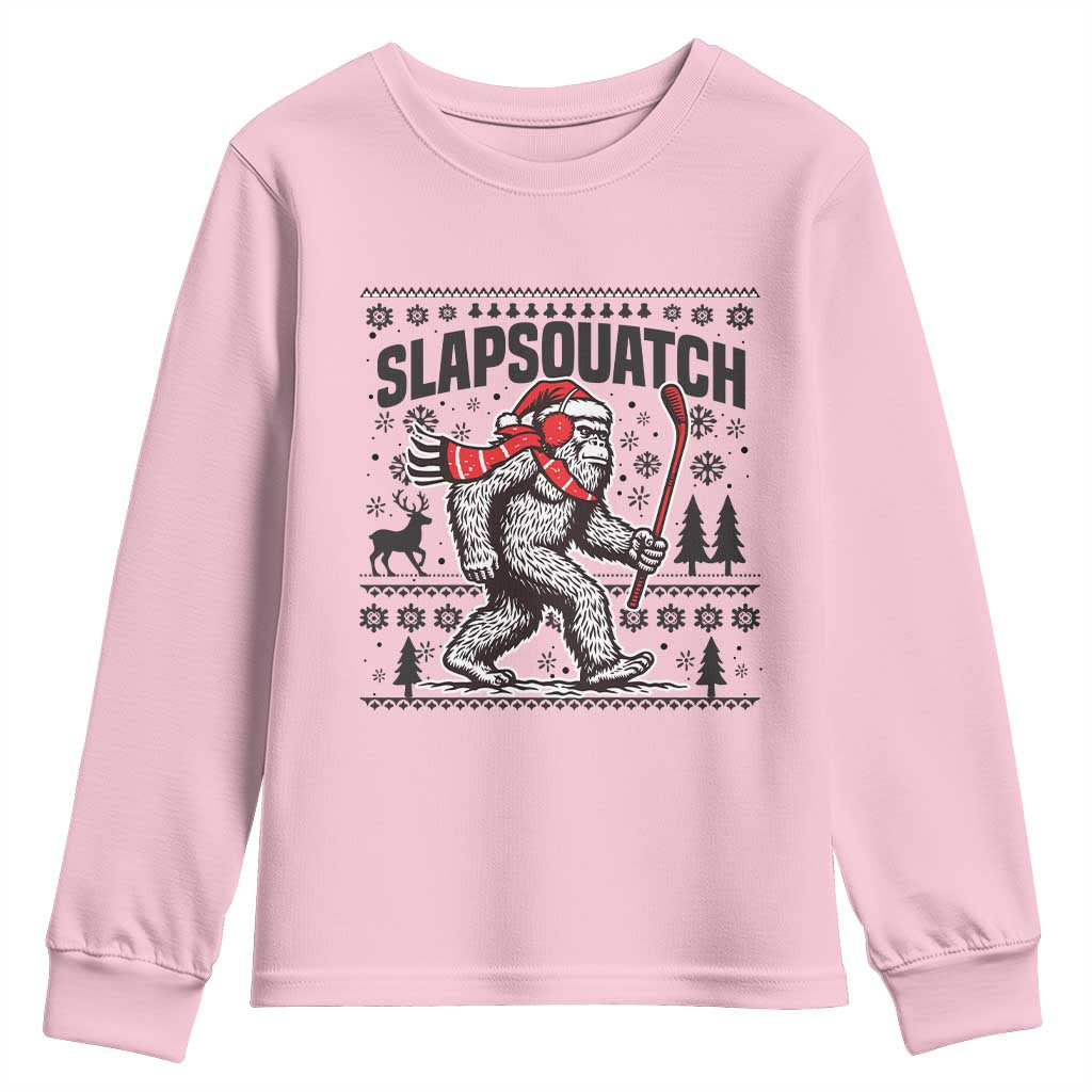 Slapsquatch Hockey Player Youth Sweatshirt Funny Bigfoot Ugly Christmas Gift TS12 Light Pink Print Your Wear