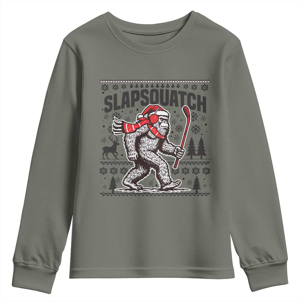 Slapsquatch Hockey Player Youth Sweatshirt Funny Bigfoot Ugly Christmas Gift TS12 Military Green Print Your Wear