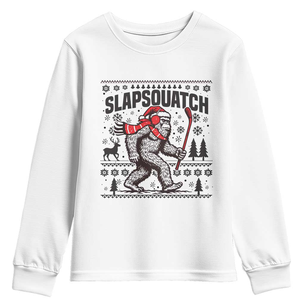 Slapsquatch Hockey Player Youth Sweatshirt Funny Bigfoot Ugly Christmas Gift TS12 White Print Your Wear