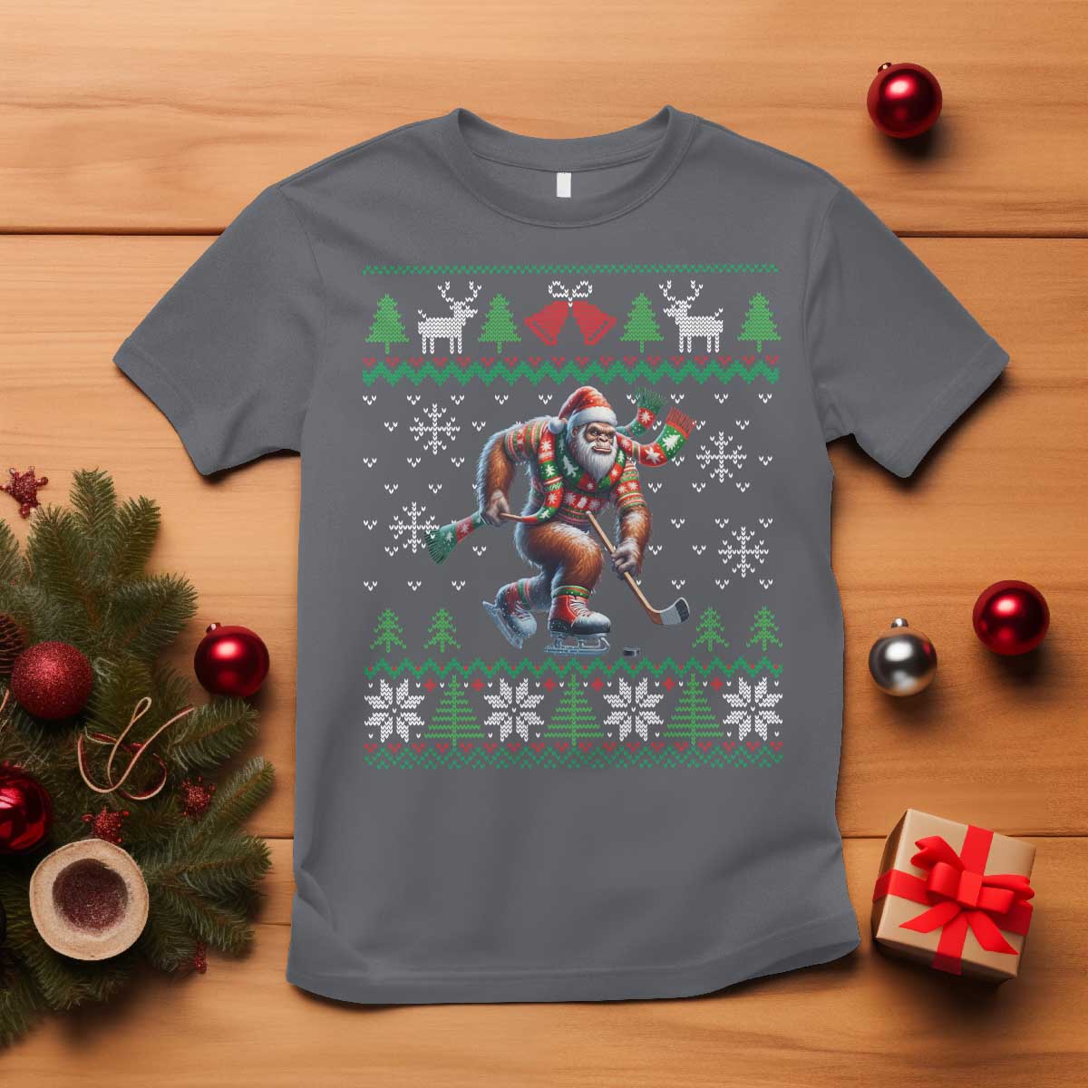 Ugly Christmas Bigfoot Playing Hockey T Shirt Funny Xmas Gift TS12 Charcoal Print Your Wear