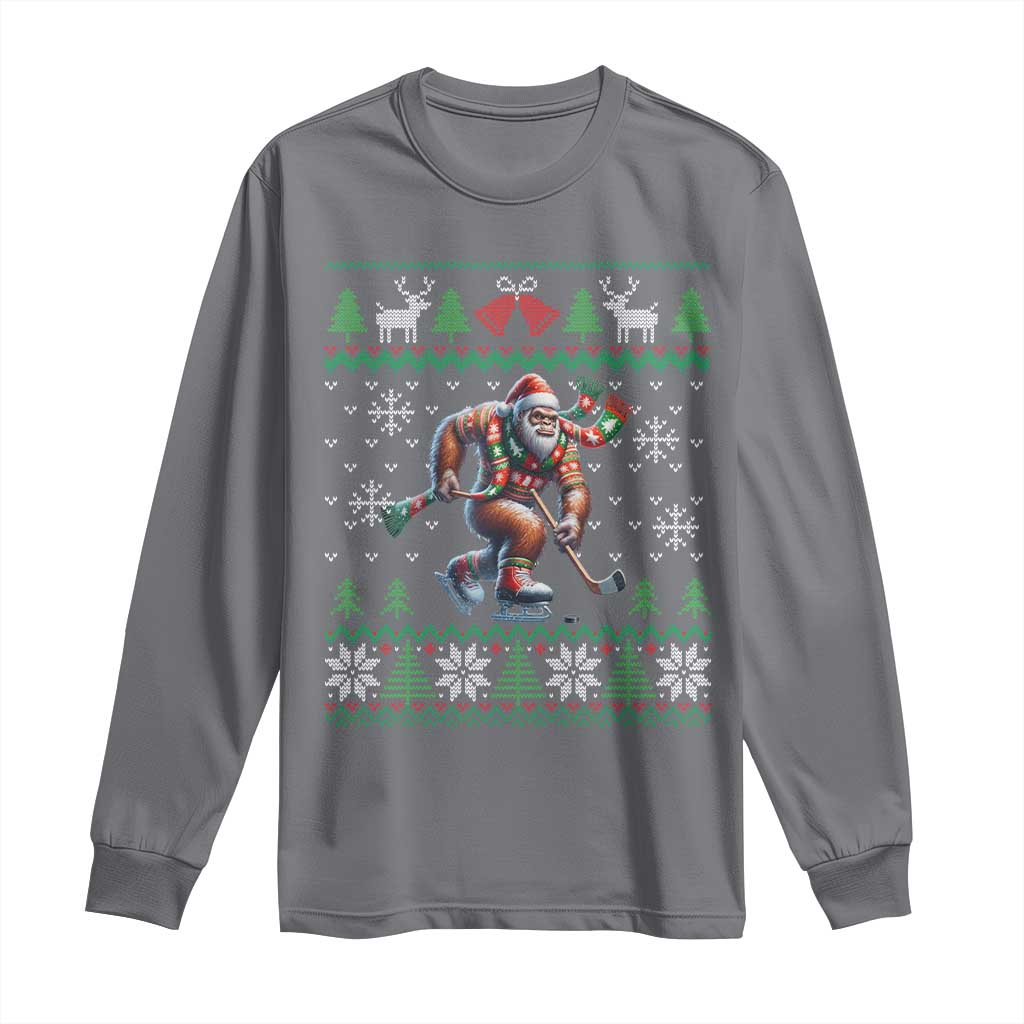 Ugly Christmas Bigfoot Playing Hockey Long Sleeve Shirt Funny Xmas Gift TS12 Charcoal Print Your Wear