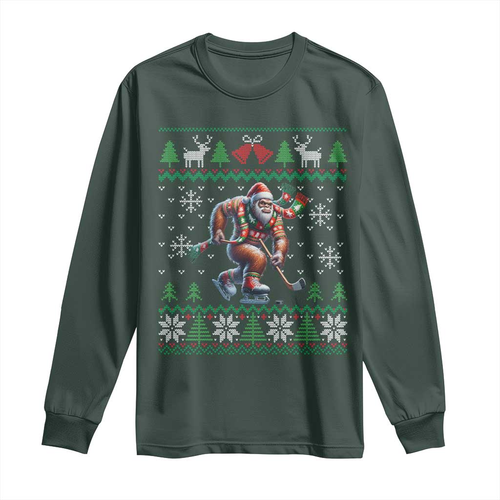 Ugly Christmas Bigfoot Playing Hockey Long Sleeve Shirt Funny Xmas Gift TS12 Dark Forest Green Print Your Wear