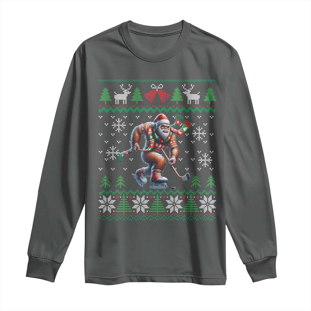 Ugly Christmas Bigfoot Playing Hockey Long Sleeve Shirt Funny Xmas Gift TS12 Dark Heather Print Your Wear