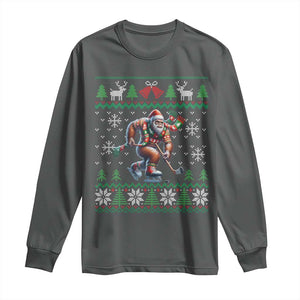 Ugly Christmas Bigfoot Playing Hockey Long Sleeve Shirt Funny Xmas Gift TS12 Dark Heather Print Your Wear
