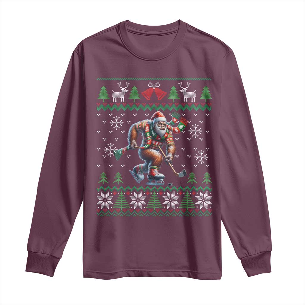 Ugly Christmas Bigfoot Playing Hockey Long Sleeve Shirt Funny Xmas Gift TS12 Maroon Print Your Wear