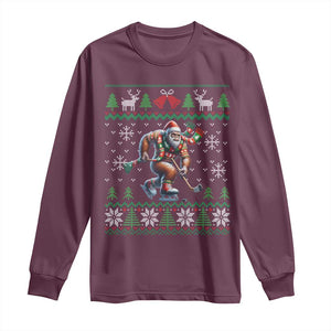 Ugly Christmas Bigfoot Playing Hockey Long Sleeve Shirt Funny Xmas Gift TS12 Maroon Print Your Wear
