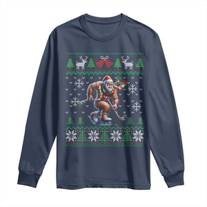 Ugly Christmas Bigfoot Playing Hockey Long Sleeve Shirt Funny Xmas Gift TS12 Navy Print Your Wear