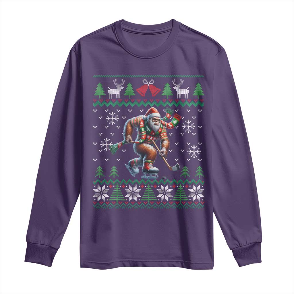 Ugly Christmas Bigfoot Playing Hockey Long Sleeve Shirt Funny Xmas Gift TS12 Purple Print Your Wear