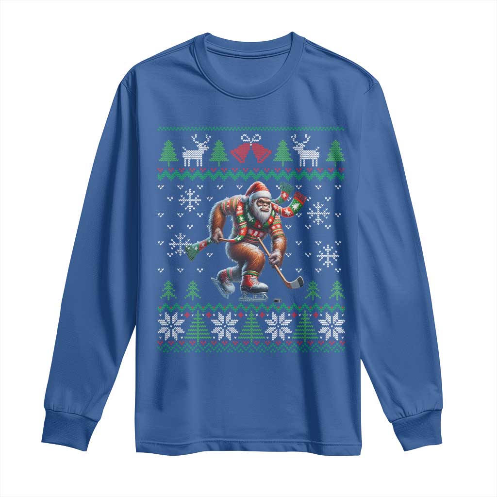 Ugly Christmas Bigfoot Playing Hockey Long Sleeve Shirt Funny Xmas Gift TS12 Royal Blue Print Your Wear