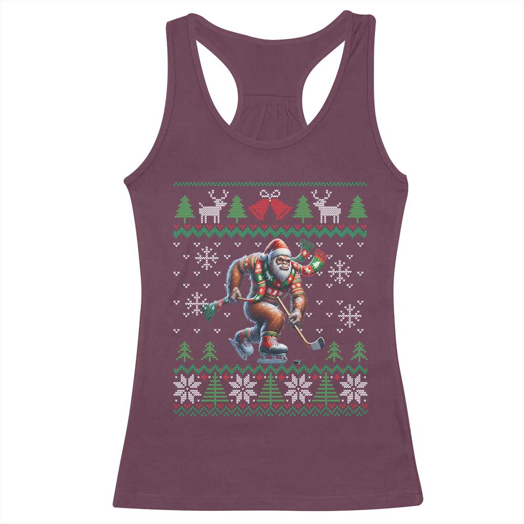 Ugly Christmas Bigfoot Playing Hockey Racerback Tank Top Funny Xmas Gift TS12 Maroon Print Your Wear